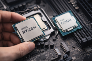 Processador AMD e Intel em placa-mãe