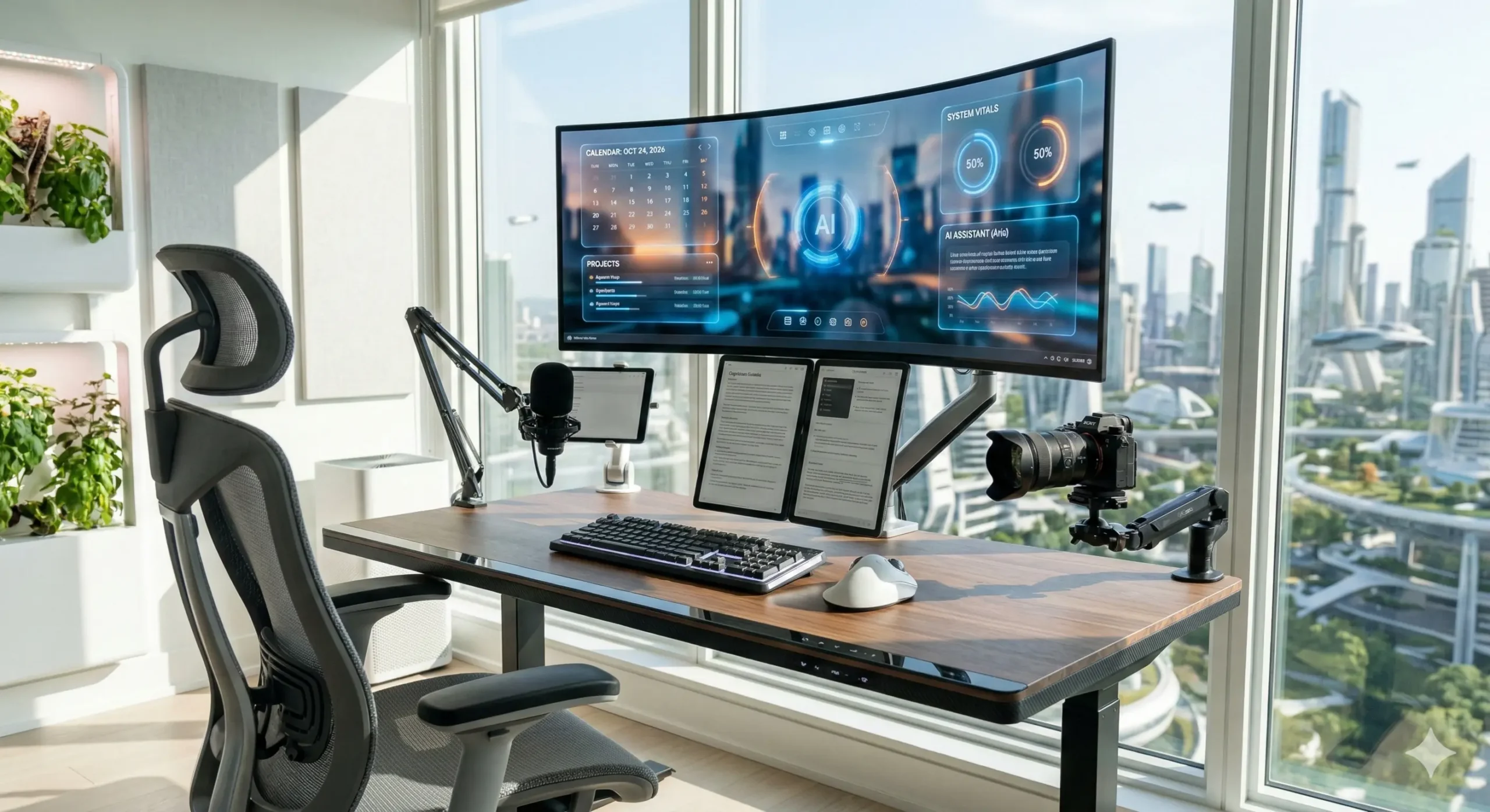 setup profissional para home office moderno com monitor ultrawide, cadeira ergonômica e tecnologia avançada