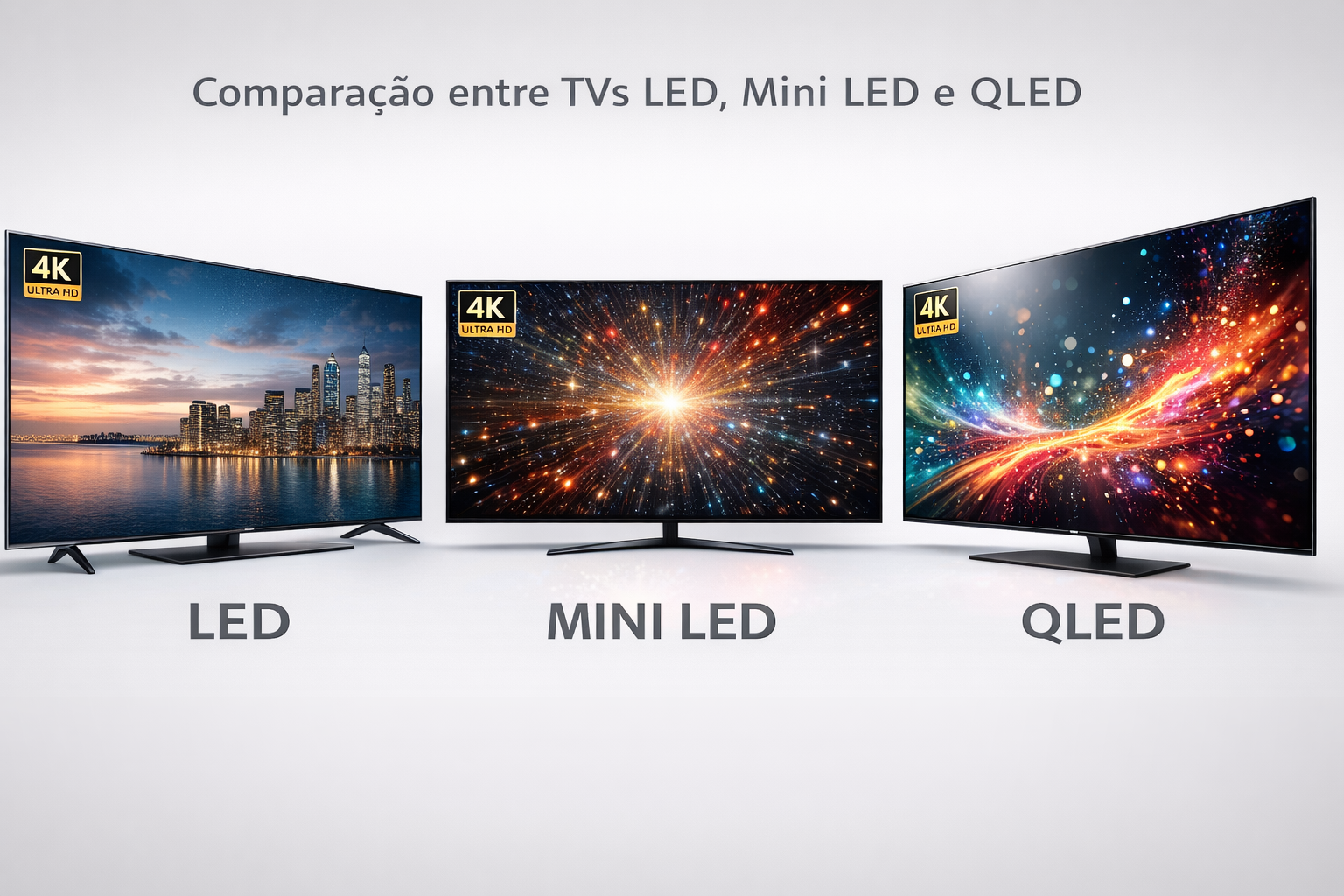 Comparação entre TVs LED, Mini LED e QLED 2026